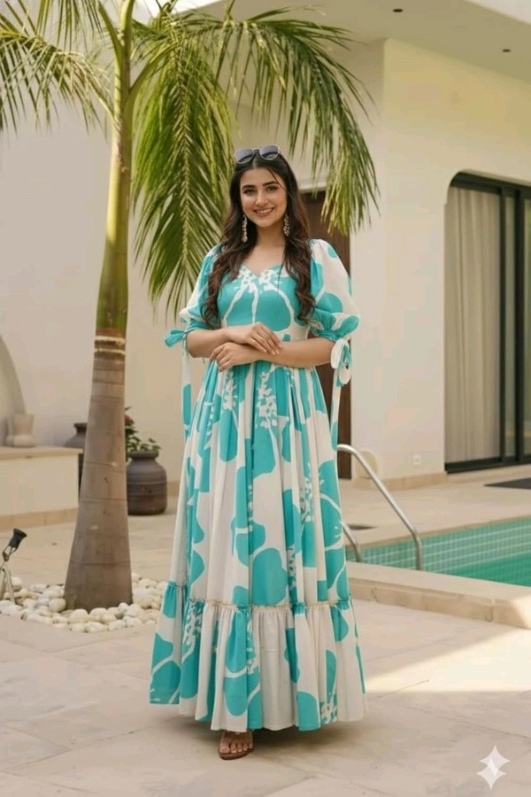 Women's Georgette Floral Printed Tiered Maxi Dress with Puff Sleeves and Square Neck (Barmasi) - XL, Keppel