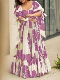 Women's Georgette Floral Printed Tiered Maxi Dress with Puff Sleeves and Square Neck (Barmasi) - XXL, Hopbush