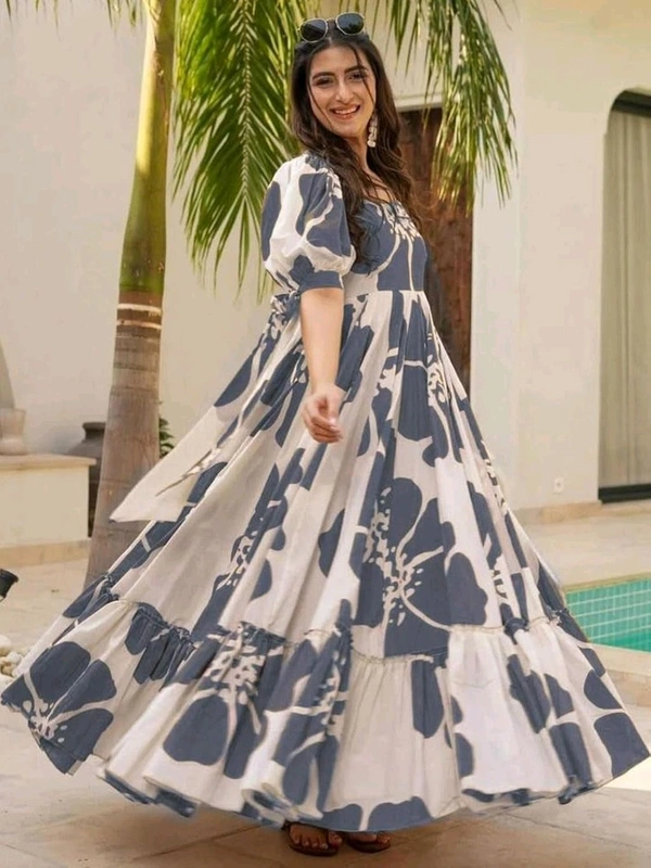 Women's Georgette Floral Printed Tiered Maxi Dress with Puff Sleeves and Square Neck (Barmasi) - XXL, Mid Gray