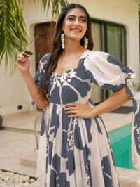 Women's Georgette Floral Printed Tiered Maxi Dress with Puff Sleeves and Square Neck (Barmasi) - XXL, Mid Gray