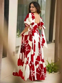 Women's Georgette Floral Printed Tiered Maxi Dress with Puff Sleeves and Square Neck (Barmasi) - XXL, Japanese Maple