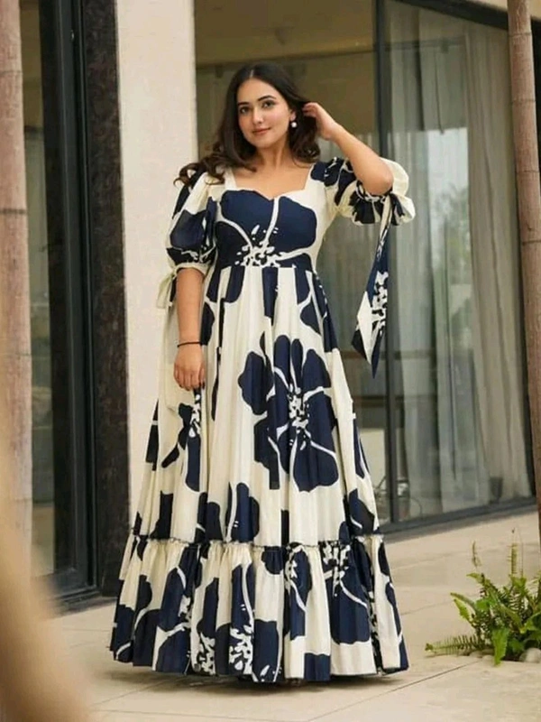 Women's Georgette Floral Printed Tiered Maxi Dress with Puff Sleeves and Square Neck (Barmasi) - XXXL, Big Stone