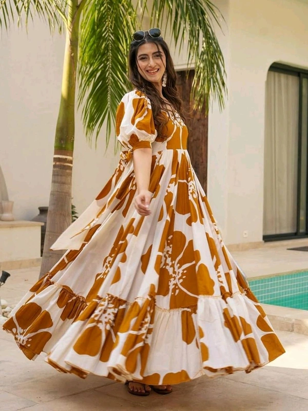 Women's Georgette Floral Printed Tiered Maxi Dress with Puff Sleeves and Square Neck (Barmasi) - XXXL, Chelsea Gem