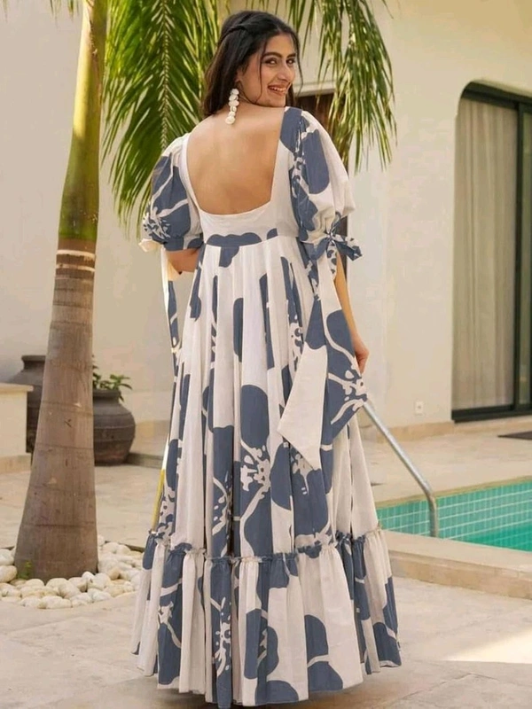 Women's Georgette Floral Printed Tiered Maxi Dress with Puff Sleeves and Square Neck (Barmasi) - XXXL, Mid Gray