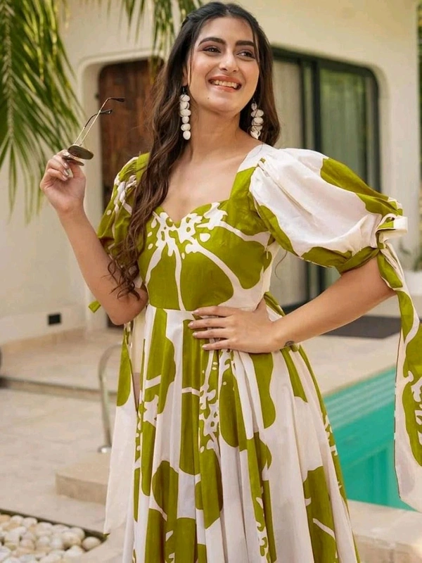 Women's Georgette Floral Printed Tiered Maxi Dress with Puff Sleeves and Square Neck (Barmasi) - XXXL, Olive