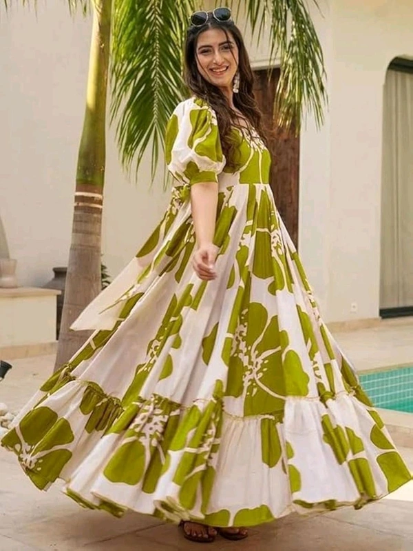 Women's Georgette Floral Printed Tiered Maxi Dress with Puff Sleeves and Square Neck (Barmasi) - XXXL, Olive