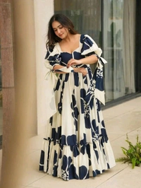 Women's Georgette Floral Printed Tiered Maxi Dress with Puff Sleeves and Square Neck (Barmasi) - 4XL, Big Stone