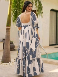 Women's Georgette Floral Printed Tiered Maxi Dress with Puff Sleeves and Square Neck (Barmasi) - 4XL, Mid Gray