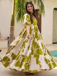 Women's Georgette Floral Printed Tiered Maxi Dress with Puff Sleeves and Square Neck (Barmasi) - 4XL, Olive