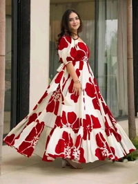 Women's Georgette Floral Printed Tiered Maxi Dress with Puff Sleeves and Square Neck (Barmasi) - 4XL, Japanese Maple