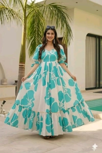 Women's Georgette Floral Printed Tiered Maxi Dress with Puff Sleeves and Square Neck (Barmasi) - 4XL, Keppel