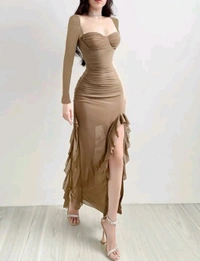 Sweetheart Neck Long Sleeves Ruffles Maxi Dress - L, Sandrift