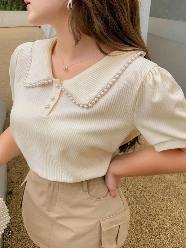 Korean Style Cream Color With Designer Collar Style For Beautiful Women | Casual Wear | Party Wear - M, ECRU WHITE