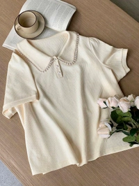 Korean Style Cream Color With Designer Collar Style For Beautiful Women | Casual Wear | Party Wear - M, ECRU WHITE