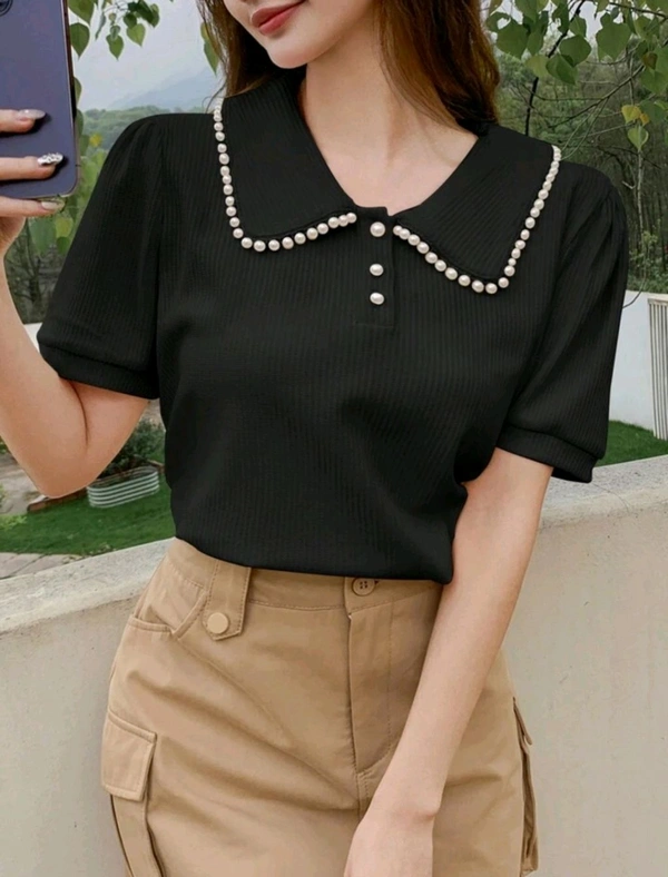 Korean Style Cream Color With Designer Collar Style For Beautiful Women | Casual Wear | Party Wear - L, Black