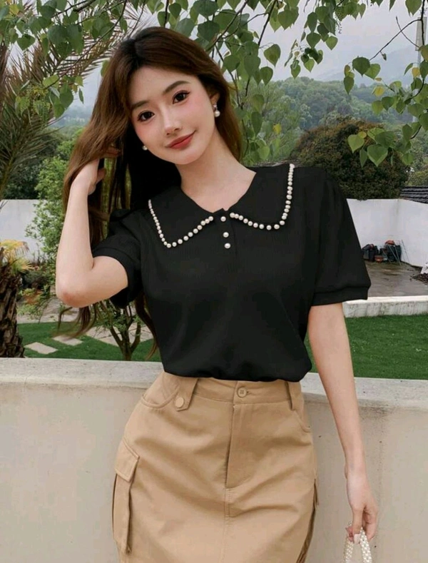 Korean Style Cream Color With Designer Collar Style For Beautiful Women | Casual Wear | Party Wear - L, Black