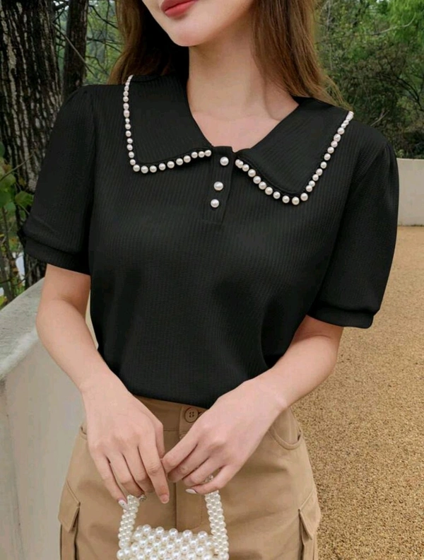 Korean Style Cream Color With Designer Collar Style For Beautiful Women | Casual Wear | Party Wear - L, Black