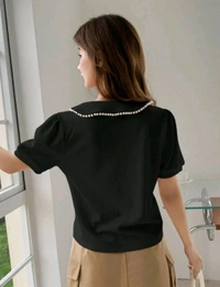 Korean Style Cream Color With Designer Collar Style For Beautiful Women | Casual Wear | Party Wear - L, Black