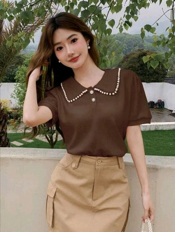 Korean Style Cream Color With Designer Collar Style For Beautiful Women | Casual Wear | Party Wear - L, Coffee