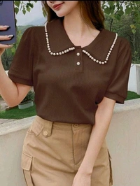 Korean Style Cream Color With Designer Collar Style For Beautiful Women | Casual Wear | Party Wear - L, Coffee
