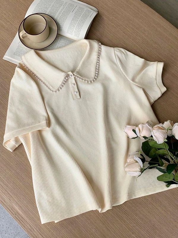 Korean Style Cream Color With Designer Collar Style For Beautiful Women | Casual Wear | Party Wear - XL, ECRU WHITE