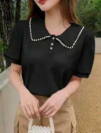 Korean Style Cream Color With Designer Collar Style For Beautiful Women | Casual Wear | Party Wear - XL, Black