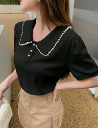 Korean Style Cream Color With Designer Collar Style For Beautiful Women | Casual Wear | Party Wear - XL, Black