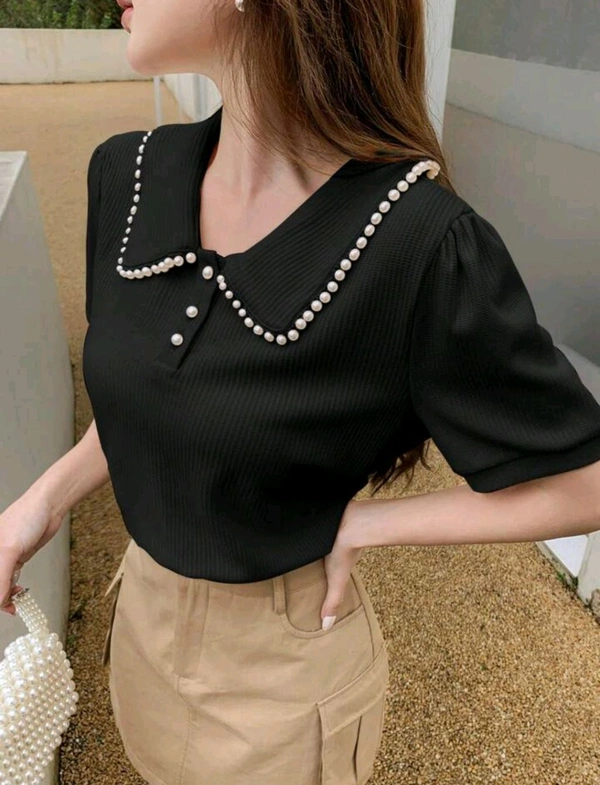 Korean Style Cream Color With Designer Collar Style For Beautiful Women | Casual Wear | Party Wear - XL, Black