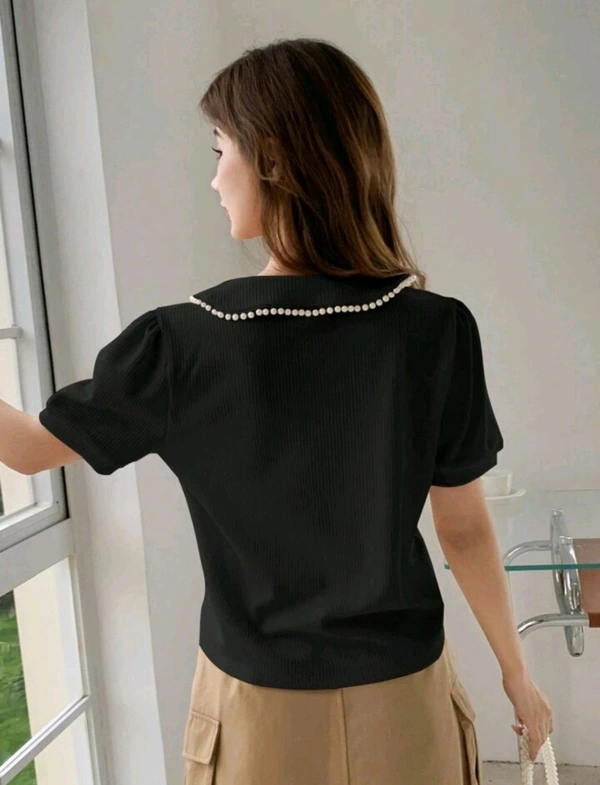 Korean Style Cream Color With Designer Collar Style For Beautiful Women | Casual Wear | Party Wear - XL, Black