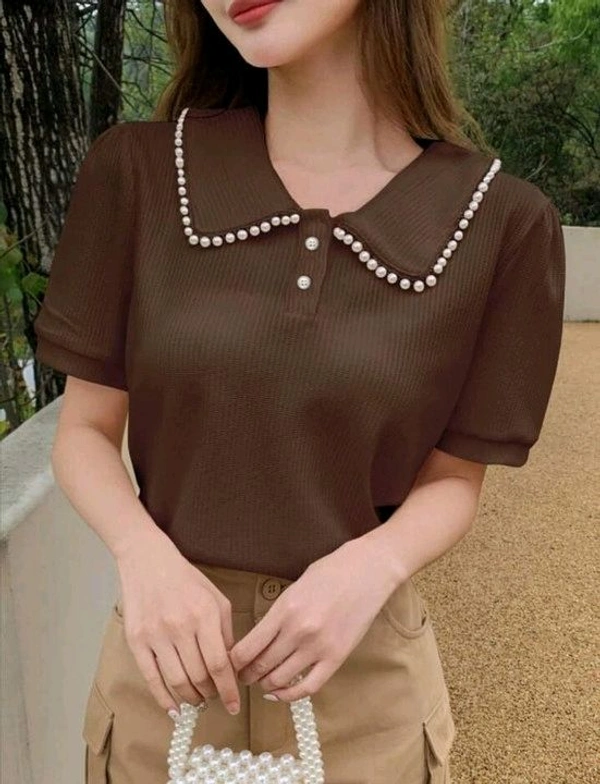 Korean Style Cream Color With Designer Collar Style For Beautiful Women | Casual Wear | Party Wear - XL, Coffee