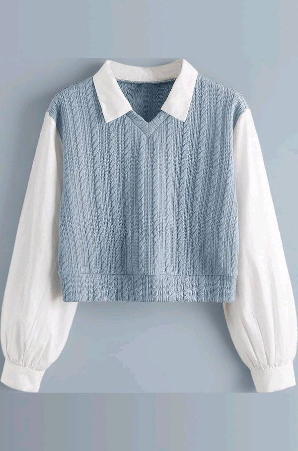 Women's Collar Long Sleeve Shirt Ribbed Knit 2 in 1 Blouse Crop Top - S, Sky Blue