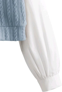 Women's Collar Long Sleeve Shirt Ribbed Knit 2 in 1 Blouse Crop Top - S, Sky Blue