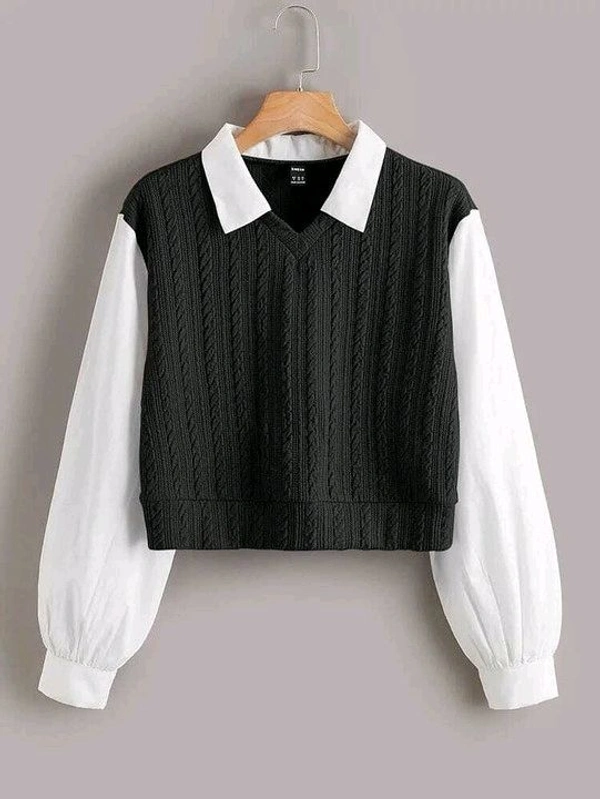 Women's Collar Long Sleeve Shirt Ribbed Knit 2 in 1 Blouse Crop Top - S, Black