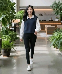 Women's Collar Long Sleeve Shirt Ribbed Knit 2 in 1 Blouse Crop Top - S, Navy Blue