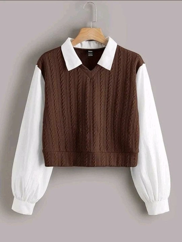 Women's Collar Long Sleeve Shirt Ribbed Knit 2 in 1 Blouse Crop Top - S, Brown
