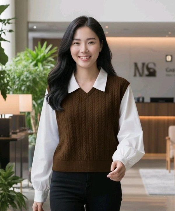 Women's Collar Long Sleeve Shirt Ribbed Knit 2 in 1 Blouse Crop Top - S, Brown