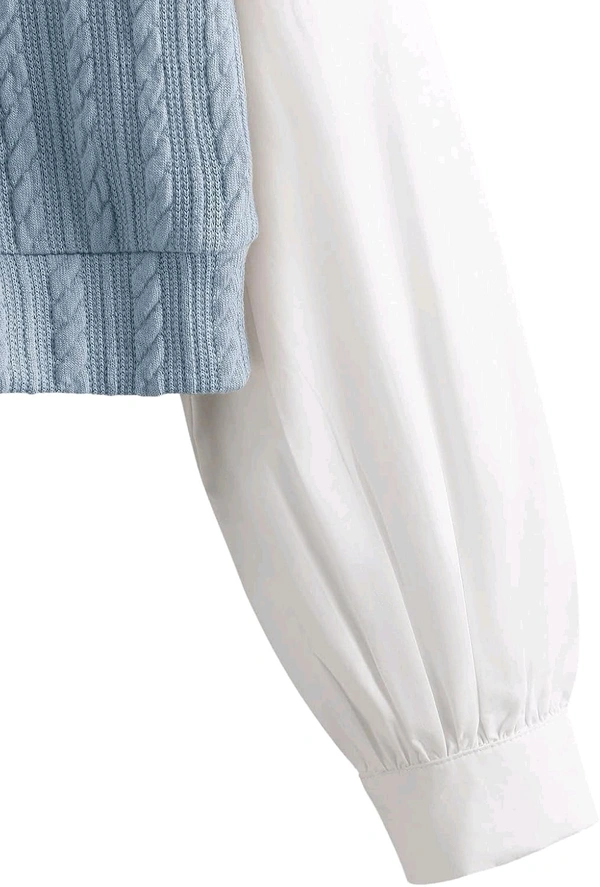 Women's Collar Long Sleeve Shirt Ribbed Knit 2 in 1 Blouse Crop Top - M, Sky Blue