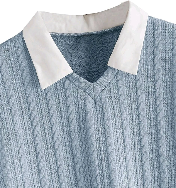 Women's Collar Long Sleeve Shirt Ribbed Knit 2 in 1 Blouse Crop Top - M, Sky Blue