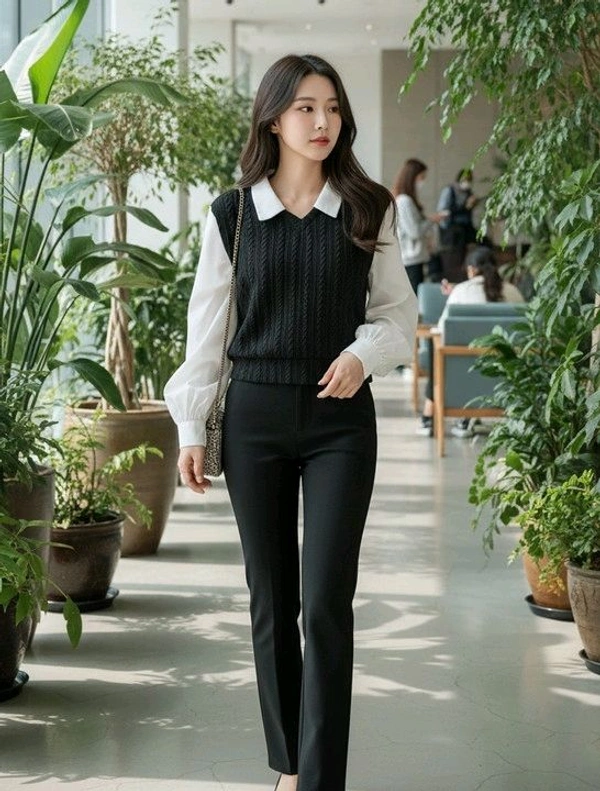 Women's Collar Long Sleeve Shirt Ribbed Knit 2 in 1 Blouse Crop Top - M, Black