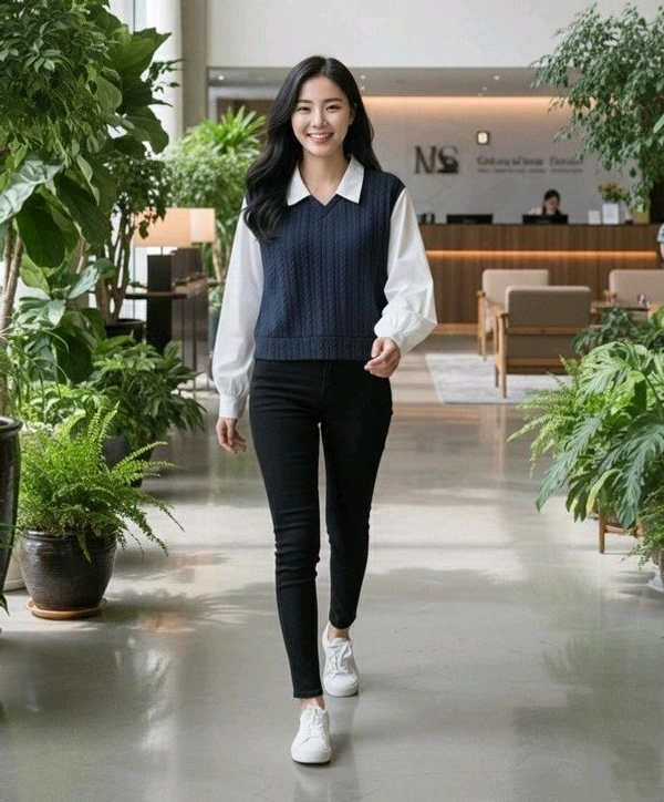 Women's Collar Long Sleeve Shirt Ribbed Knit 2 in 1 Blouse Crop Top - M, Navy Blue