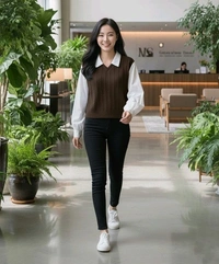 Women's Collar Long Sleeve Shirt Ribbed Knit 2 in 1 Blouse Crop Top - M, Brown