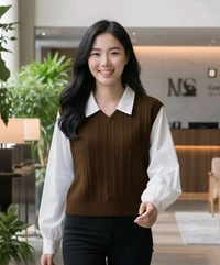 Women's Collar Long Sleeve Shirt Ribbed Knit 2 in 1 Blouse Crop Top - M, Brown