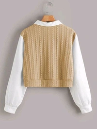 Women's Collar Long Sleeve Shirt Ribbed Knit 2 in 1 Blouse Crop Top - M, Sorrell Brown