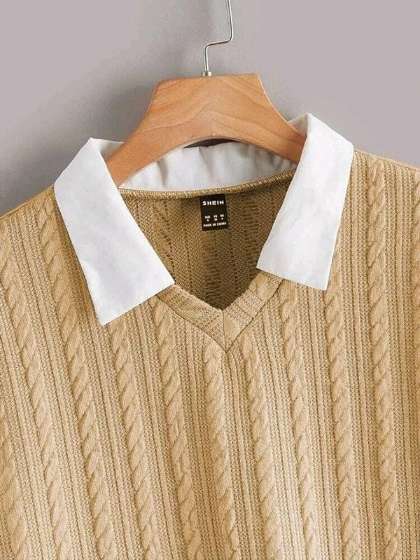 Women's Collar Long Sleeve Shirt Ribbed Knit 2 in 1 Blouse Crop Top - M, Sorrell Brown