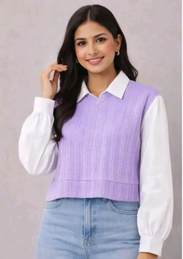 Women's Collar Long Sleeve Shirt Ribbed Knit 2 in 1 Blouse Crop Top - M, Blue Bell