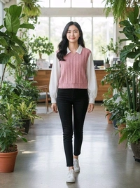 Women's Collar Long Sleeve Shirt Ribbed Knit 2 in 1 Blouse Crop Top - L, Pink