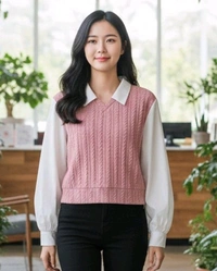 Women's Collar Long Sleeve Shirt Ribbed Knit 2 in 1 Blouse Crop Top - L, Pink