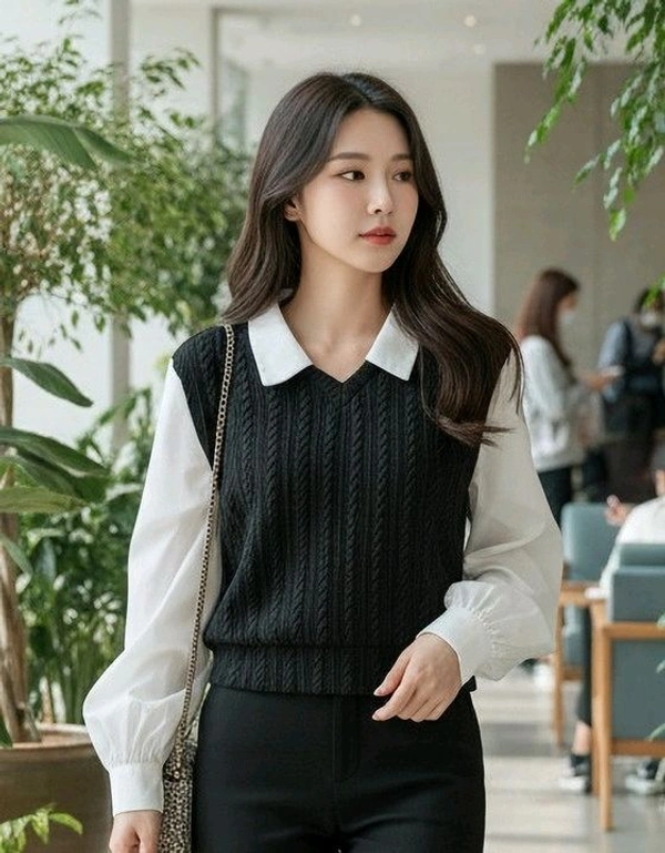 Women's Collar Long Sleeve Shirt Ribbed Knit 2 in 1 Blouse Crop Top - L, Black