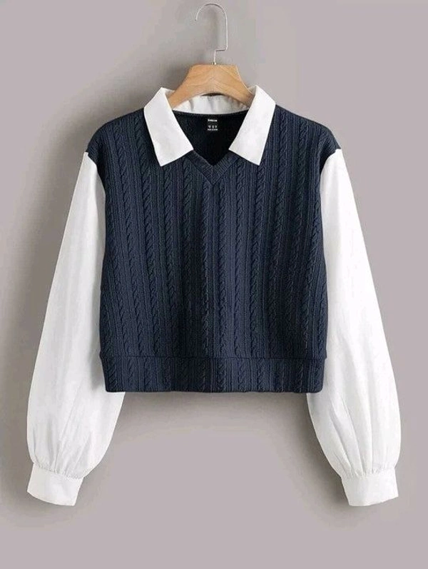 Women's Collar Long Sleeve Shirt Ribbed Knit 2 in 1 Blouse Crop Top - L, Navy Blue