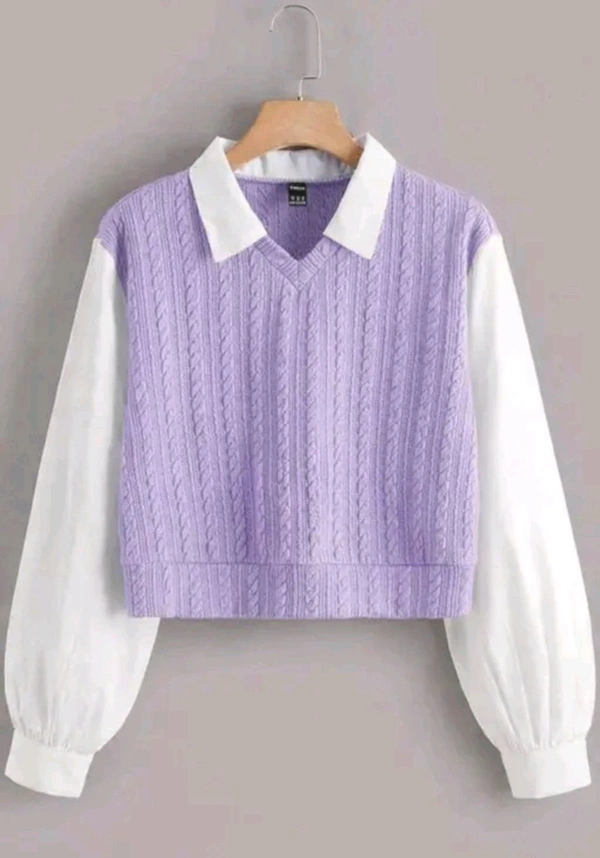 Women's Collar Long Sleeve Shirt Ribbed Knit 2 in 1 Blouse Crop Top - L, Blue Bell